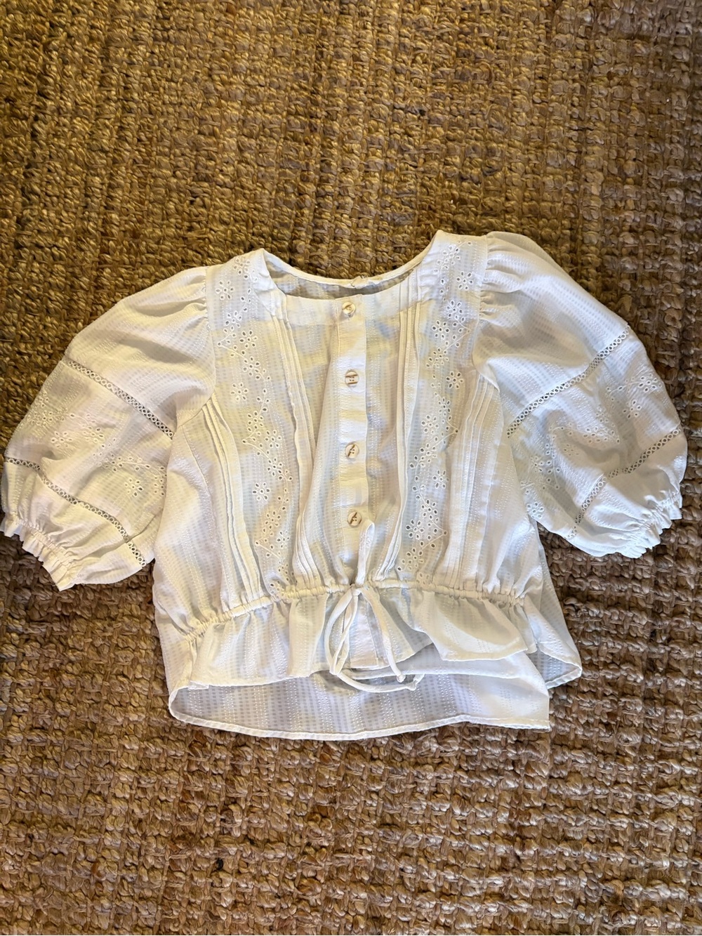Blu Pepper White Eyelet Button-Front Puff Sleeve Top